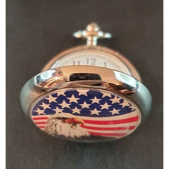 Usa American Flag & Bald Eagle Patriotic Quartz Pocket Watch Pocketwatch - Picture 11 of 12